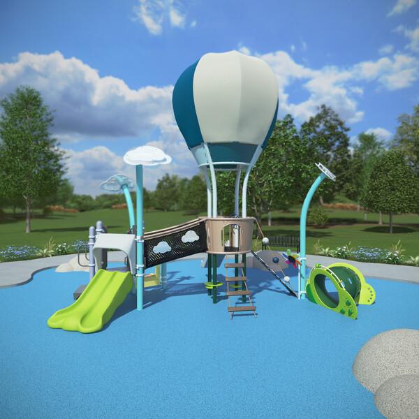 Animated render of a hot air balloon designed playground structure.