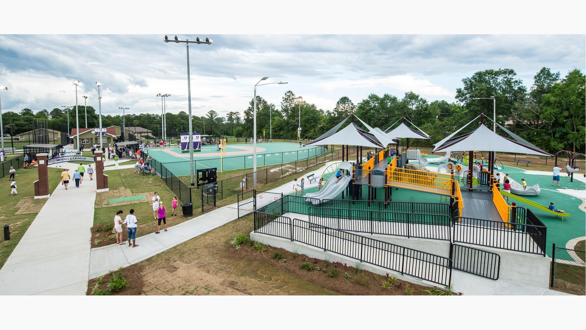 Miracle League of Andalusia, Andalusia, AL.  The Miracle League complex in Andalusia, Alabama, also includes an inclusive playground a PlayBooster® play structure, Rollerslide and activity panels. A Weevos® playsystem as well as as a Cozy Dome®, Sensory Play Center® and Sway Fun® Glider.