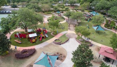 Aerial of Common Ground playgrounds and tennis courts