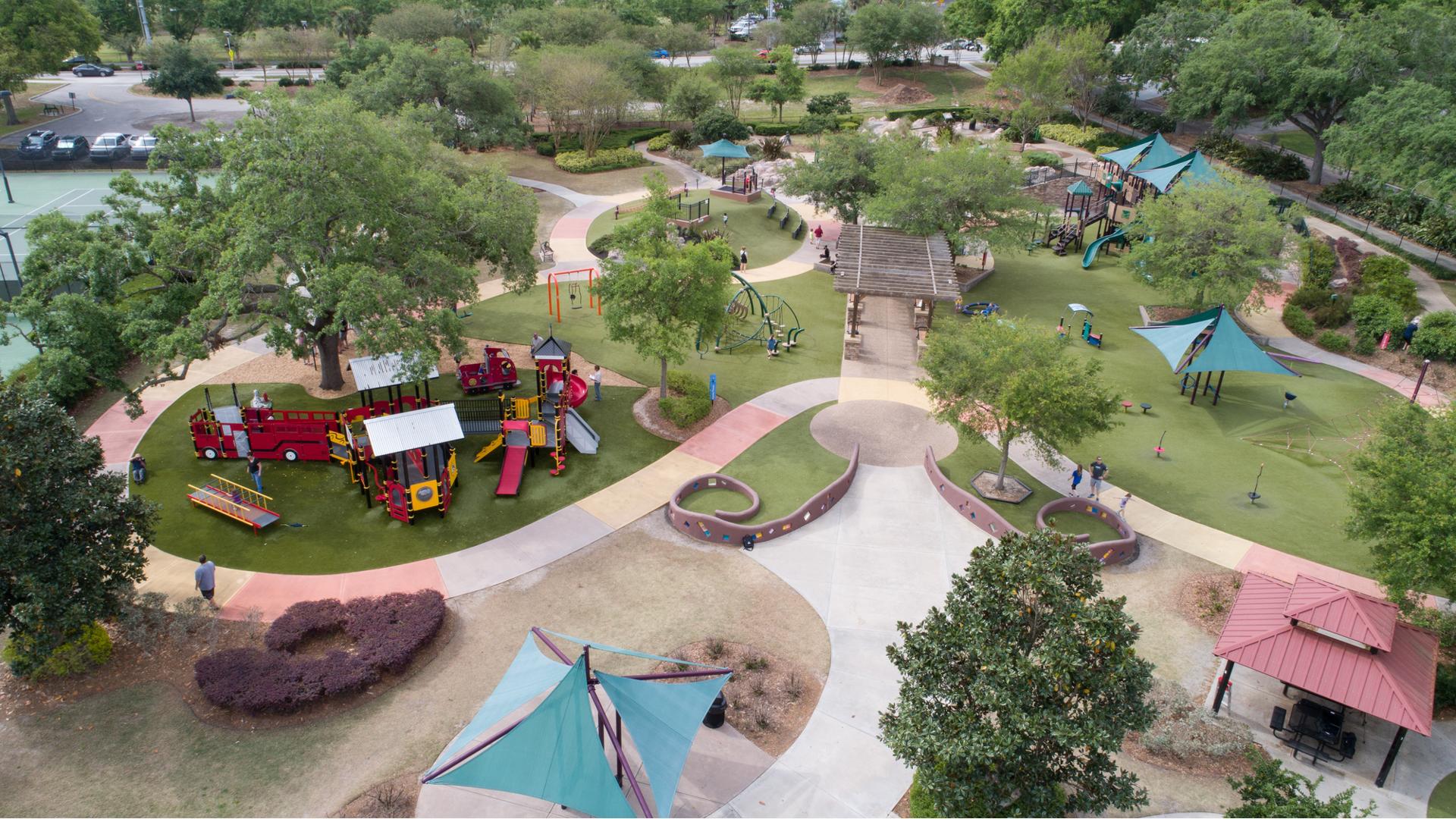 Aerial of Common Ground playgrounds and tennis courts