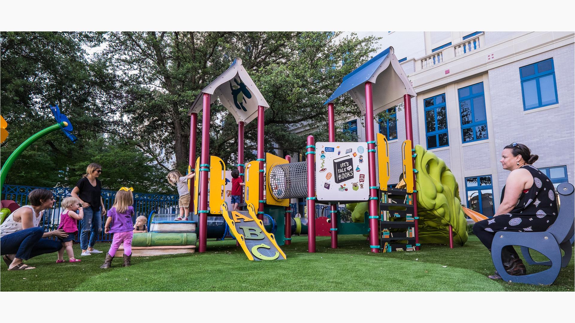 Cook Children’s Medical Center in Fort Worth, Texas, brings the joy of play and reading together in a custom, storybook-themed playground for children ages 2 to 12. Children can climb the storybook staircase or the alphabet latter.