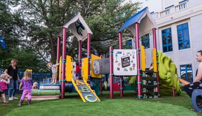 Cook Children’s Medical Center in Fort Worth, Texas, brings the joy of play and reading together in a custom, storybook-themed playground for children ages 2 to 12. Children can climb the storybook staircase or the alphabet latter.