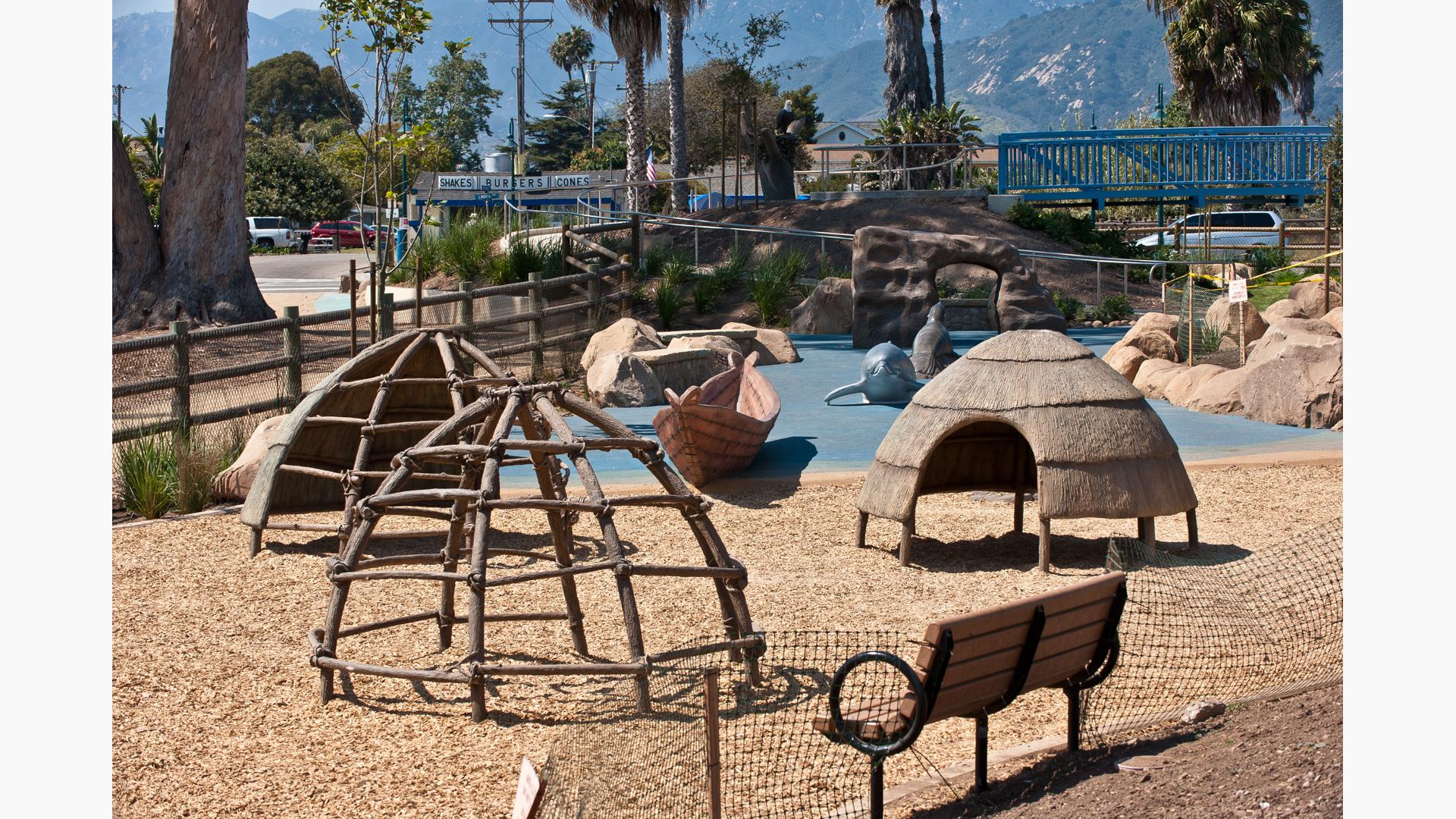 Inspired by Chumash Indian village pre European colonization. For kids 5-12, this play space reflects the natural landscape.