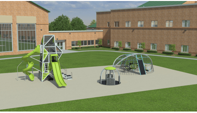 3D high realism of playground with school building in the background. Playground includes a climbing tower with slides, climbing net structure and inclusive merry-go-round. 