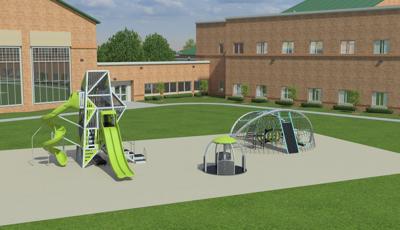 3D high realism of playground with school building in the background. Playground includes a climbing tower with slides, climbing net structure and inclusive merry-go-round. 