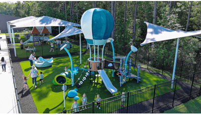 Elevated view of three play areas designated for the age groups of the childcare facility.