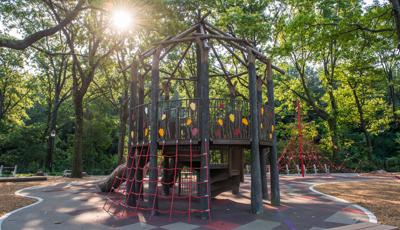 Sun appearing through the trees on a nature-inspired fort-like tower playground . A red triangle-shaped climbing net is in the background. 