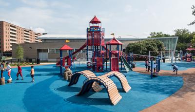 King Greenleaf Playground in Washington, DC features a lighthouse-themed PlayBooster® play structure and wave-themed climbers for all ages.