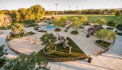 Large, sprawling nature-inspired park.  Includes a Log Crawl Tunnel, Log Tunnel Slide, Mushroom Steppers, Log Balance Beam and a Log Stacker. Unique and customized tree stumps scatter around the play area, and logs are made out of our durable, long-lasting Glass Fiber Reinforced Concrete.