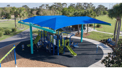 Under SkyWays shade canopies, run around this Smart Play  play structure.