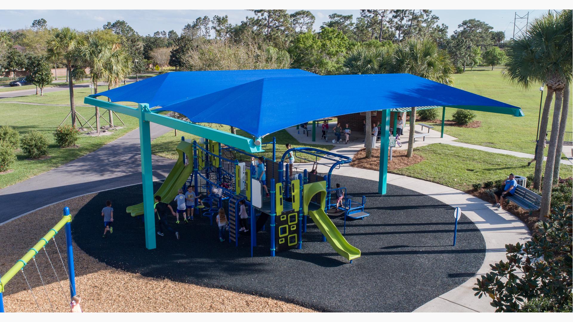 Under SkyWays shade canopies, run around this Smart Play  play structure.