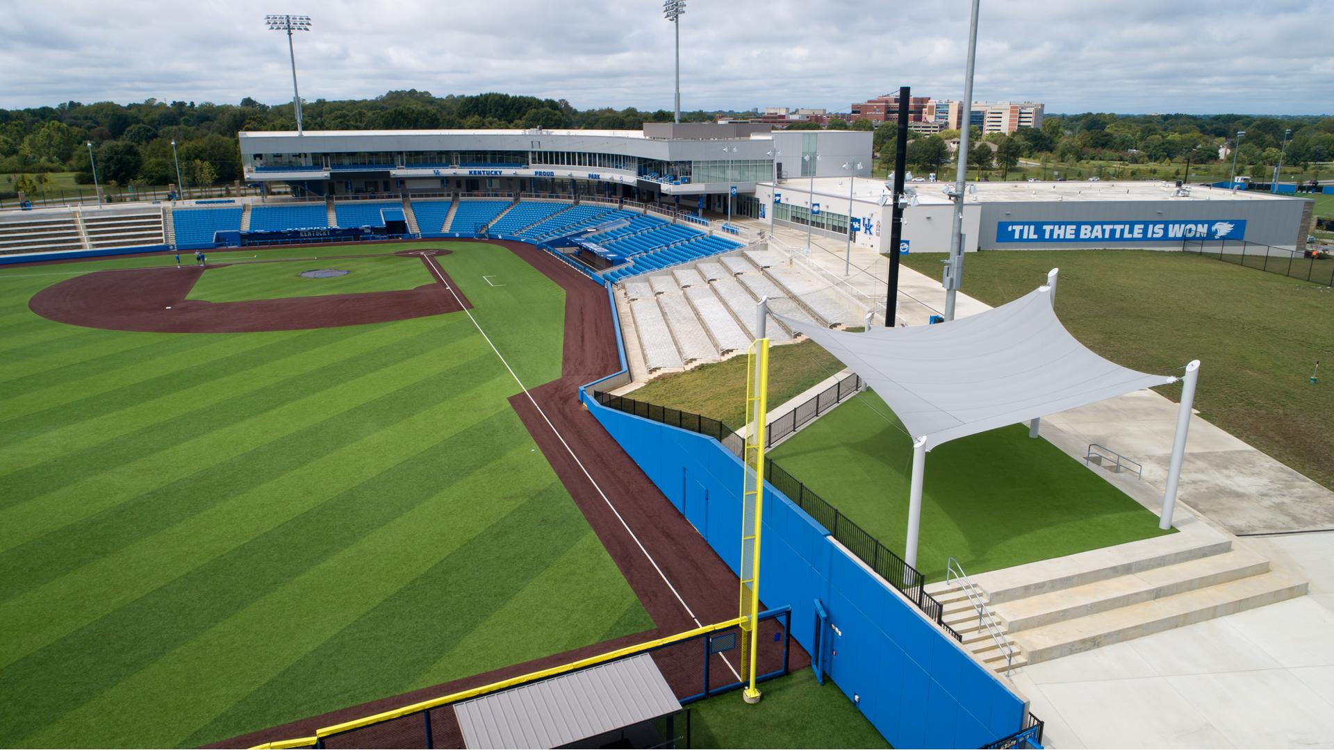 University of Kentucky Baseball field featuring a new  addition...a SkyWays shade canopy to to cool off the foul  zone.
