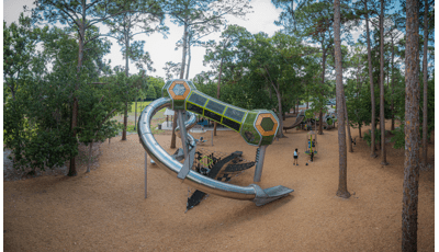 Two tower structures with hexagonal play pods are connected by a enclosed crawl tunnel and tubular stainless steel slides. Tall trees surround the play area.  