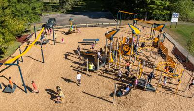 Looking down on children playing in State Street Intermediate School playground.