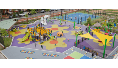 Ludlow Taylor Elementary School Washington, DC. A garden-themed playground features Two PlayBooster® playstructures for ages 2 to 5 and 5 to 12, DigiFuse®, Permalene®. Plus, flower-themed pod steppers and post toppers.
