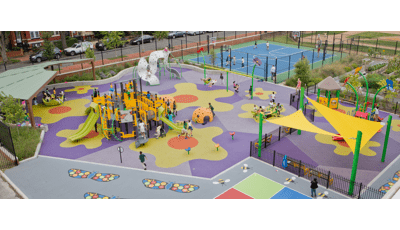 Ludlow Taylor Elementary School Washington, DC. A garden-themed playground features Two PlayBooster® playstructures for ages 2 to 5 and 5 to 12, DigiFuse®, Permalene®. Plus, flower-themed pod steppers and post toppers.
