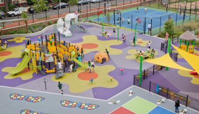 Ludlow Taylor Elementary School Washington, DC. A garden-themed playground features Two PlayBooster® playstructures for ages 2 to 5 and 5 to 12, DigiFuse®, Permalene®. Plus, flower-themed pod steppers and post toppers.
