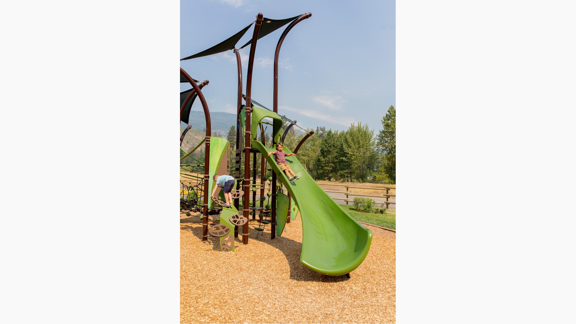 Boy riding slide next to boy on climber