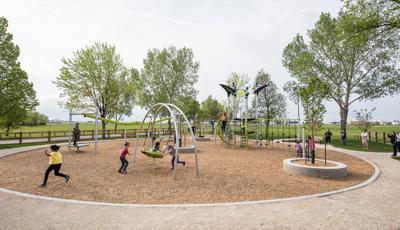 Legion Memorial Park, Winnipeg, MB includes a ZipKrooz®, a PlayBooster Netplex® play structure, climbers, slides and other unique play activities.