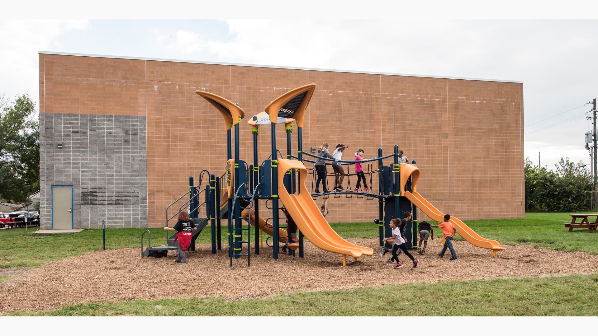 LeGore Park, Indianapolis, IN includes climbers to slides to sensory play panels, and Vibe® roofs.