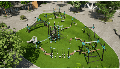 Animated rendering with an elevated view of a play area set in a courtyard with modern designed playground structures colored black with teal accents.