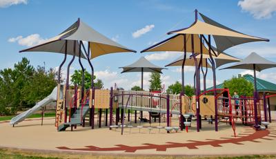 Northern Lights Playground Thornton, CO. Baseball themed playground at Northern Lights Ball Field Complex. featuring a PlayBooster® play structure includes ramps throughout the play structure. Plus, the Oodle® Swing and Global Motion®.