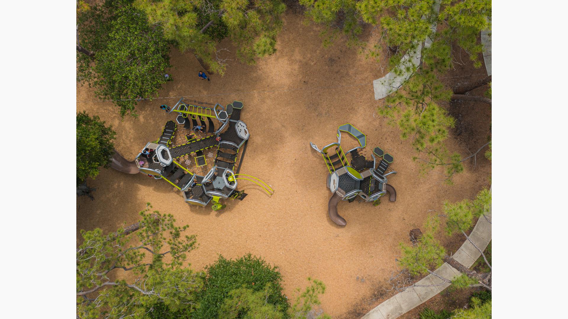 Aerial of both 2-5 and 5-12 Hedra playgrounds at Highland Recreation Complex in Largo, FL
