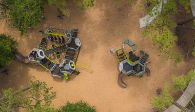 Aerial of both 2-5 and 5-12 Hedra playgrounds at Highland Recreation Complex in Largo, FL