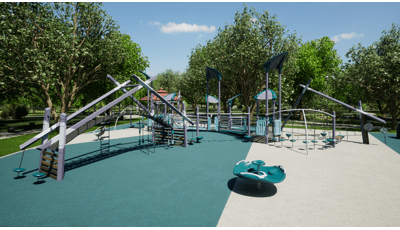 Animated rendering of modern designed play structures set in an outdoor park surrounded by lush green trees.