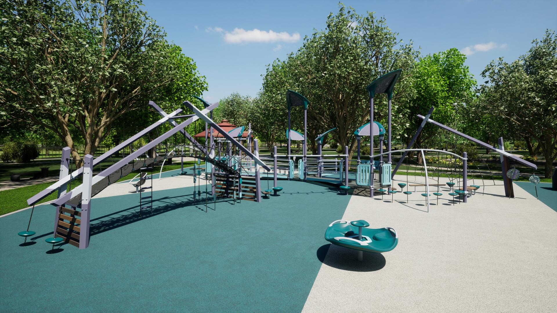 Animated rendering of modern designed play structures set in an outdoor park surrounded by lush green trees.