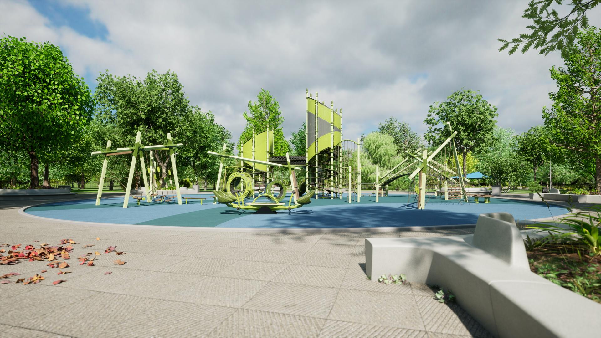 Animated rendering of a park playground surrounded by lush green trees with modern designed play structures colored in varying colors of green.