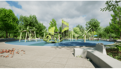 Animated rendering of a park playground surrounded by lush green trees with modern designed play structures colored in varying colors of green.