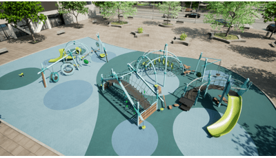 Animated rendering with an elevated view of a city courtyard with a play area with multiple modern designed play structures colored in light blue, teal, and lime green. The playground surfacing is designed with different size and varying colored circles.