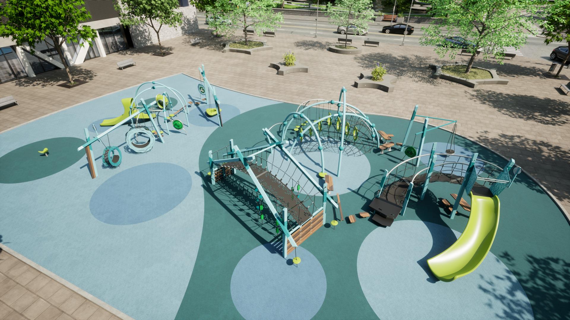 Animated rendering with an elevated view of a city courtyard with a play area with multiple modern designed play structures colored in light blue, teal, and lime green. The playground surfacing is designed with different size and varying colored circles.
