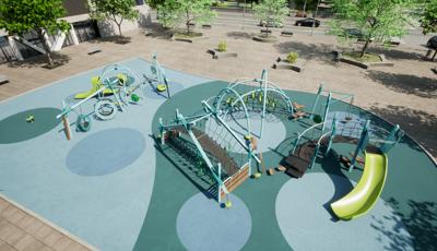 Animated rendering with an elevated view of a city courtyard with a play area with multiple modern designed play structures colored in light blue, teal, and lime green. The playground surfacing is designed with different size and varying colored circles.