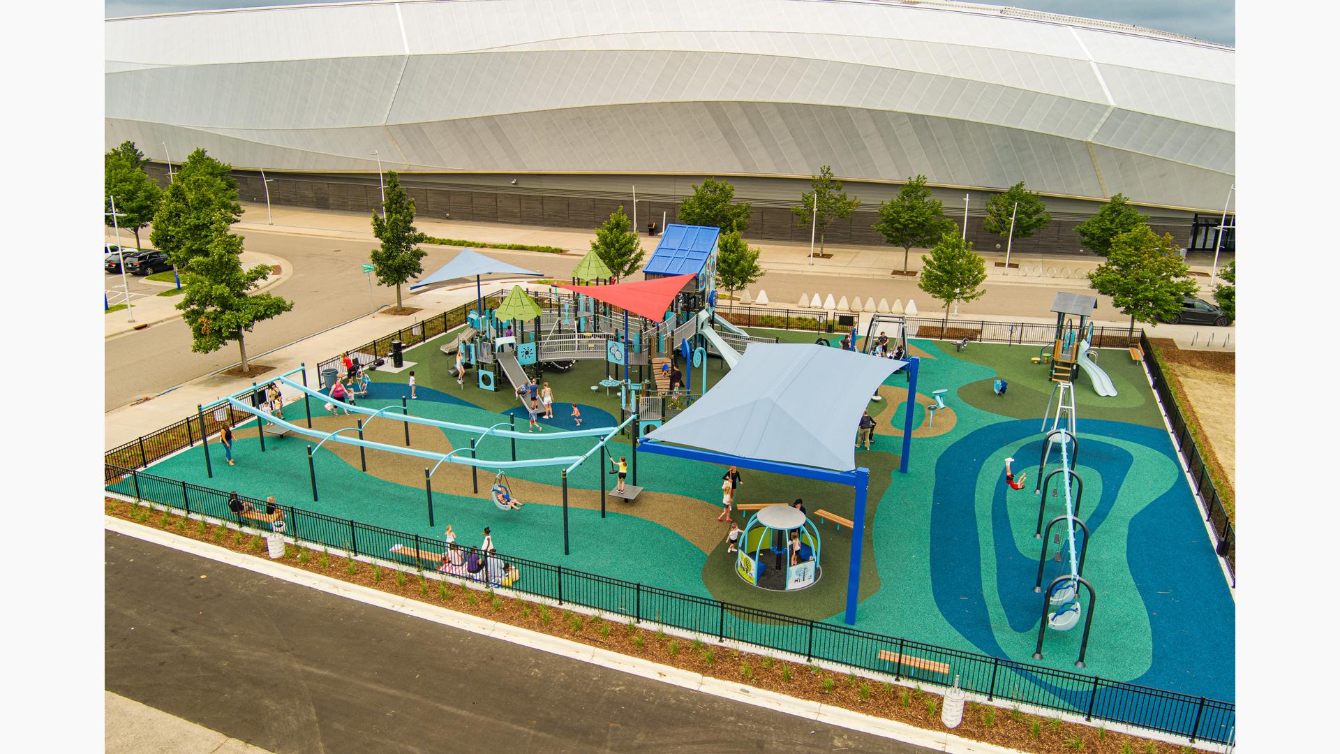 Elevated view of a custom themed inclusive playground outside the Allianz Field soccer stadium in Minnesota.