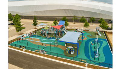 Elevated view of a custom themed inclusive playground outside the Allianz Field soccer stadium in Minnesota.