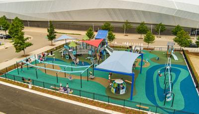 Elevated view of a custom themed inclusive playground outside the Allianz Field soccer stadium in Minnesota.