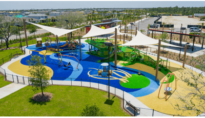 Elevated view of large shade sails cover a large water themed play area with unique crocodile play structure. 