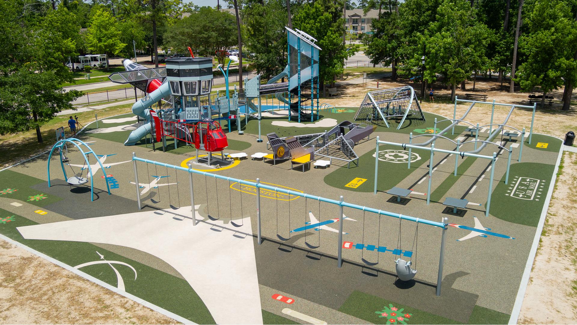 Elevated view of a airport themed playground.