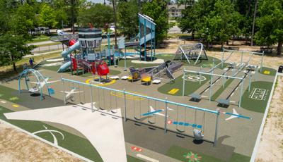 Elevated view of a airport themed playground.