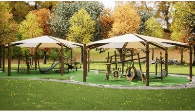 Animated rendering of park with two play areas with modern designed play equipment colored in browns and greens. Two large shades cover the play structures. 