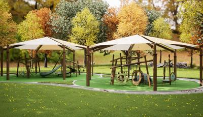 Animated rendering of park with two play areas with modern designed play equipment colored in browns and greens. Two large shades cover the play structures. 