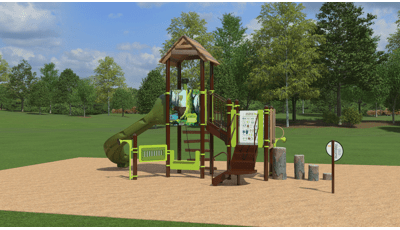 3D high realism render of playground with green grass and trees in the playground. Playground is compact with log steppers and interactive animal seek-and-find panels.