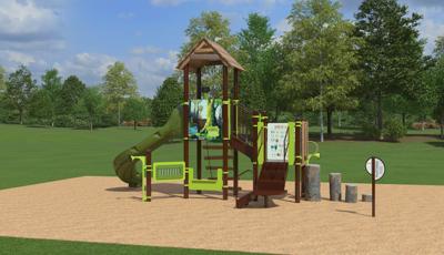 3D high realism render of playground with green grass and trees in the playground. Playground is compact with log steppers and interactive animal seek-and-find panels.