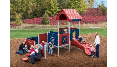 Mothers play with their children on a toddler accessible playground structure.  
