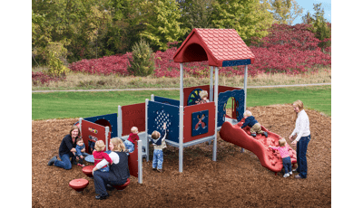 Women in a park play with children on PlayShaper structure for 6 to 23 months. 