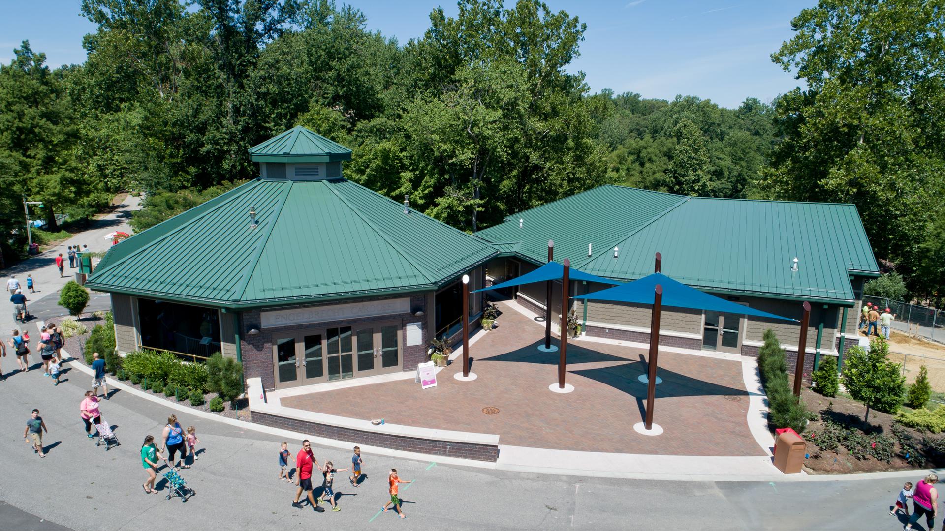 Mesker Park Zoo, Evansville, IN features two custom-designed SkyWays® shade products.