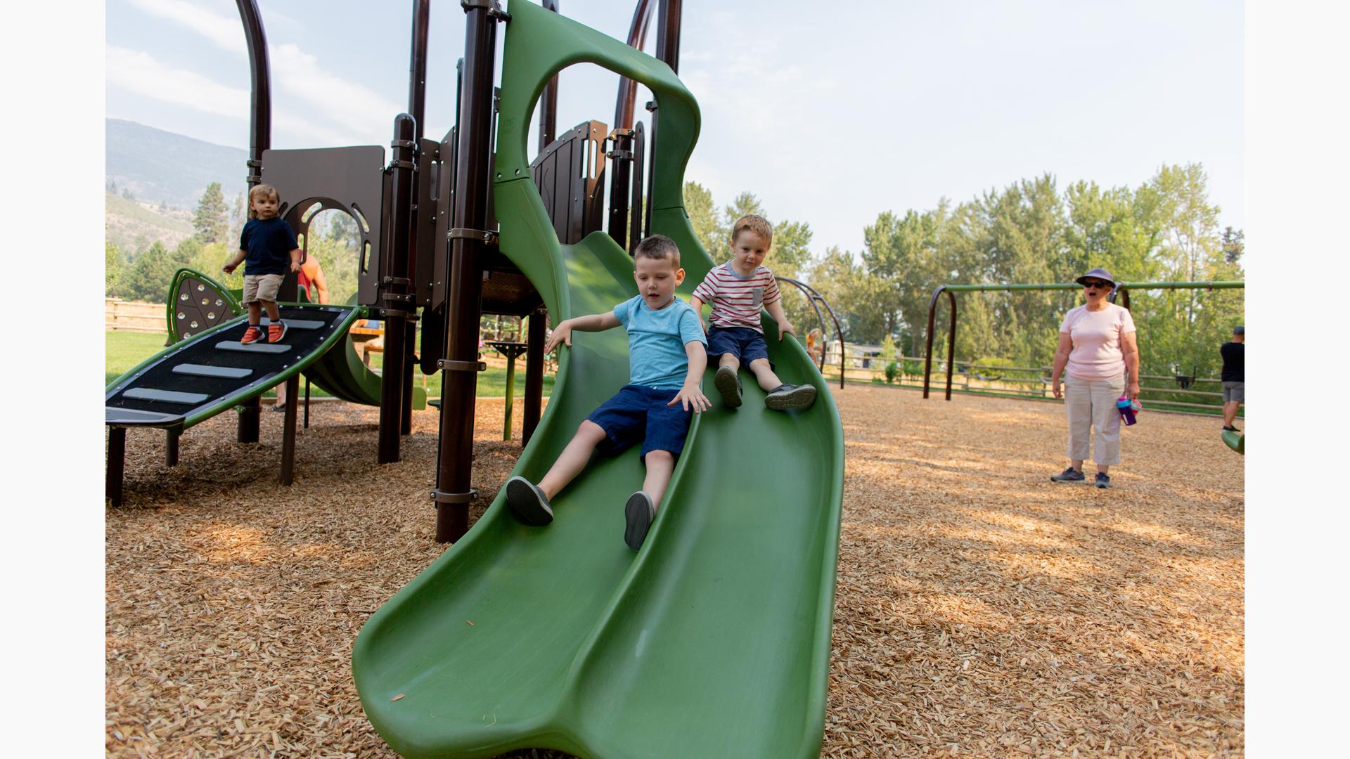 Two boys riding down slide
