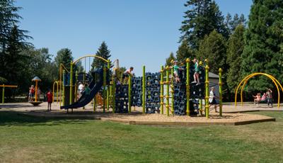 Lots of kids playing on a playground with navy blue geometric climbers and slides. Kids swinging in the background in amongst tall green pine trees. 